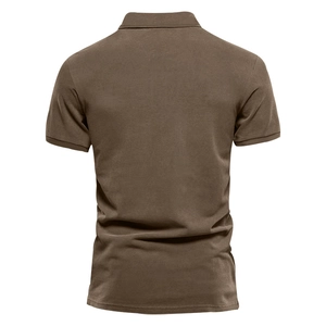 Rear view of dark brown men's short sleeve polo shirt showing premium breathable fabric