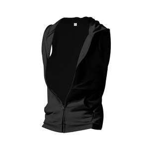 Close-up of black hooded sleeveless sports vest with zipper and breathable fabric