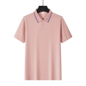 Close-up of pink polo shirt collar with red, white, and blue stripe detail