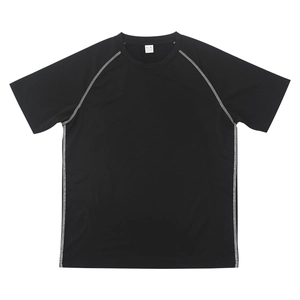 Detail of black sports T-shirt featuring contrast white stitching and raglan sleeves design