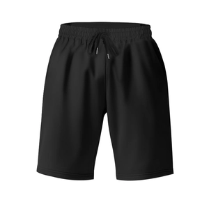 Detail view of men's black sports shorts with elastic waistband and drawstring