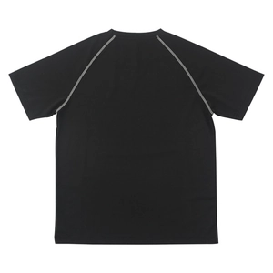 Rear view of black breathable sports T-shirt with white raglan contrast stitching detail