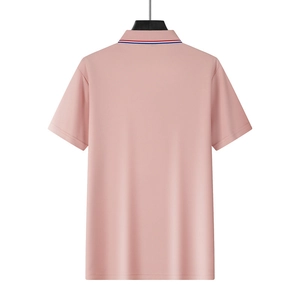 Rear view of pink quick-dry polo shirt featuring striped collar detail and smooth texture