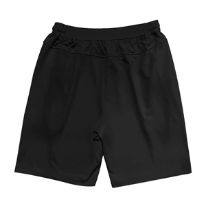 Flat lay macro view of black men's athletic shorts with wide elastic waistband and stitching