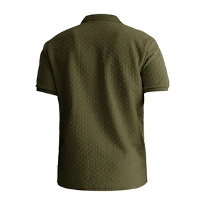 Macro detail of the olive green textured jacquard fabric on the men's polo shirt back