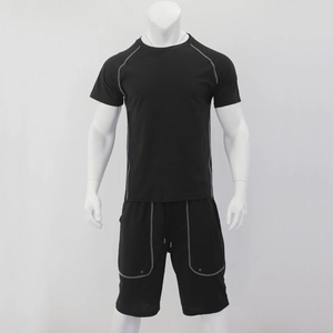 Close-up of men's black sports set showing white contrast stitching and breathable fabric