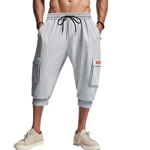 Men's light grey heavy-duty cargo capri shorts with pockets and drawstring waist