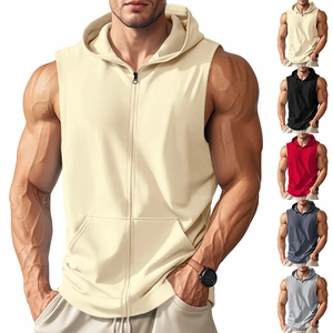 Men's hooded gym vest with zipper and kangaroo pockets in five classic athletic colors