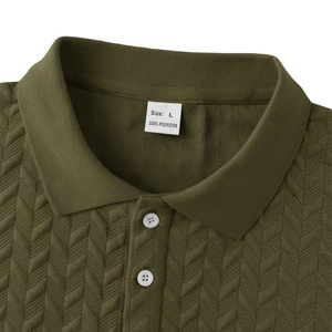 Close-up of olive green polo shirt with herringbone texture and size L neck label