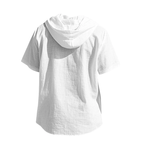 Rear view of white short-sleeved hooded shirt showing textured fabric and curved hem