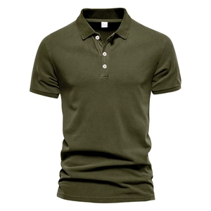 Close-up of olive green polo shirt pique fabric texture and three-button collar detail