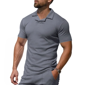 Men's slim fit V-neck short sleeve polo shirt in dark grey breathable fabric