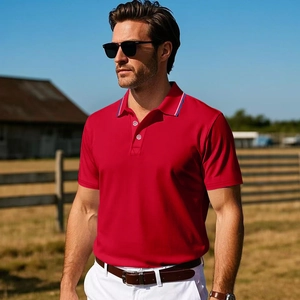 Detail of red quick-dry polo shirt featuring striped collar and two-button placket design