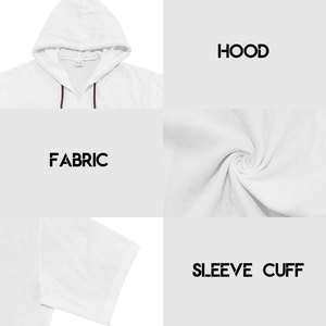 Detailansicht der weißen Leinen-Hoodie-Textur, Kapuzenkordel und Ärmelbündchen-Design