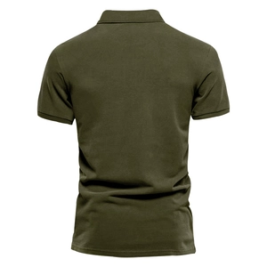 Rear view of slim fit dark olive green men's short sleeve polo shirt with textured fabric