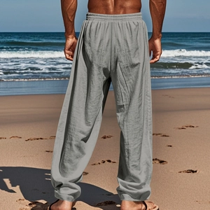 Pantaloni casual da uomo in misto lino grigio chiaro con vita elastica e coulisse