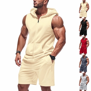 Men's summer hooded zipper vest and shorts tracksuit set in five solid colors
