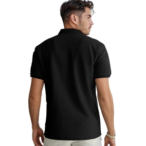 Rear view of men's black polo shirt with herringbone jacquard texture and ribbed cuffs
