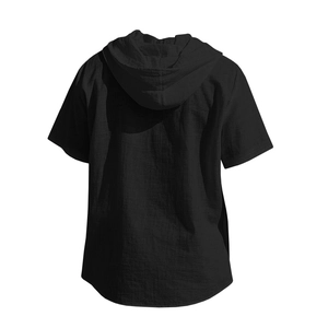 Back view of men's black hooded short sleeve shirt in breathable linen fabric texture