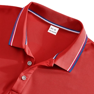 Close-up of red quick-dry polo shirt collar with tri-color stripes and mesh texture
