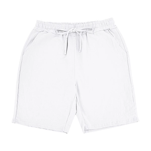 Detail of men's linen beach shorts showing elastic waistband and adjustable drawstring