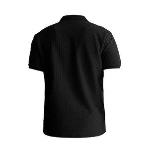 Detailed back view of black men's polo shirt featuring 3D geometric jacquard texture