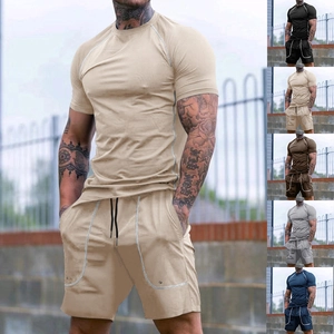 Men Sportswear Outfit Polyester Spandex Breathable Casual Raglan Sleeve T-Shirt And Drawstring Shorts Comfort Sporty Suit