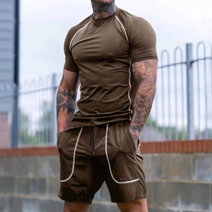 Men's dark brown summer sports set with breathable honeycomb fabric and white contrast piping