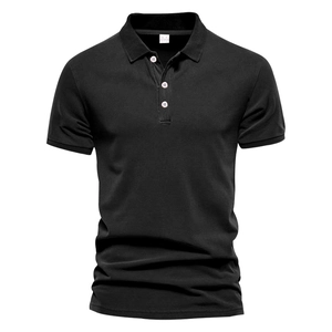 Detail view of black men's short sleeve polo shirt with white contrast buttons and knit texture