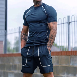 Men's navy quick-dry sports set with raglan sleeve t-shirt and drawstring gym shorts