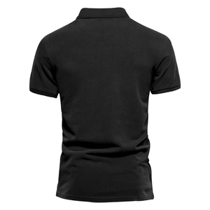 Detailed back view of a slim-fit black men's polo shirt with ribbed cuffs and polo collar