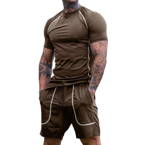 Men's summer fitness set with short sleeve t-shirt and shorts featuring white contrast piping