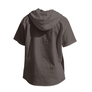 Detailed back view of men's casual short-sleeve hoodie featuring cotton linen waffle texture