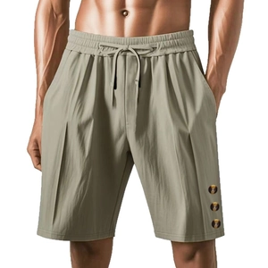 Men's breathable linen beach shorts with drawstring waist and decorative buttons in khaki green