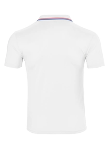 Vue arrière du polo blanc à manches courtes avec détail de col rayé rouge blanc et bleu