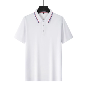 Détail d'un polo blanc pour homme avec col rayé bleu marine et rouge et boutons
