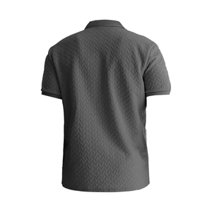 Detail view of men's polo shirt back showing the premium jacquard herringbone texture