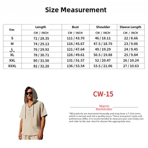 Detailed size chart for men's linen hooded shirt and shorts set showing CM and INCH measurements