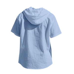 Rear view of a light blue short-sleeved hooded shirt showing textured fabric detail