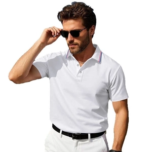 Men's white quick-dry short sleeve golf Polo shirt with red and blue striped collar
