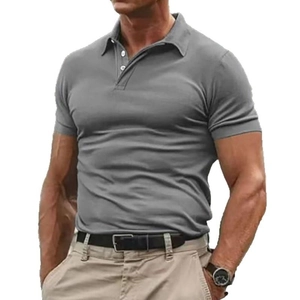 Slim fit men's dark grey short sleeve polo shirt with classic buttoned lapel