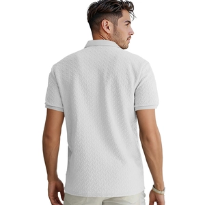 Detailed macro view of heavy jacquard weave and herringbone texture on gray men's polo shirt