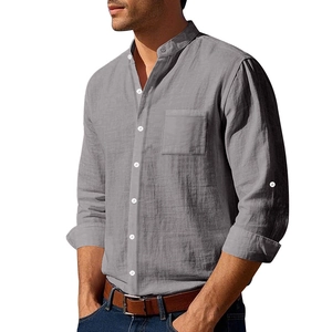 Camicia da uomo in lino a maniche lunghe con collo alla coreana e taschino grigio