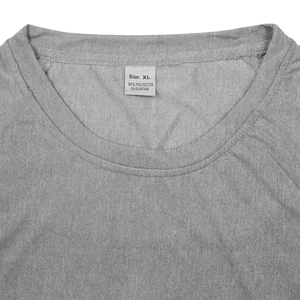 Close-up of crew neckline and 95% polyester fabric texture of grey athletic shirt