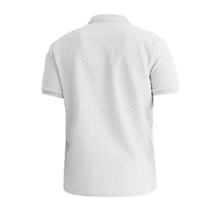 Rear view of white polo shirt showing premium 3D textured jacquard knit fabric