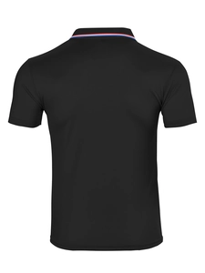 Vue arrière d'un polo noir à séchage rapide avec col à rayures rouges, blanches et bleues
