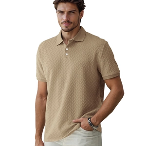 Khaki men's short sleeve polo shirt with textured herringbone knit and classic collar