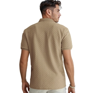 Detailed back view of men's polo shirt featuring 3D herringbone textured knit fabric