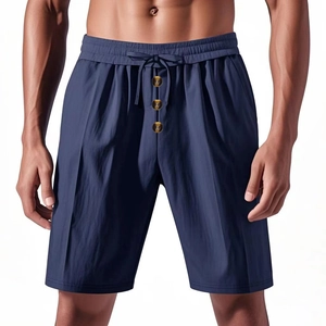 Men's navy blue breathable linen shorts with drawstring waist and button detail
