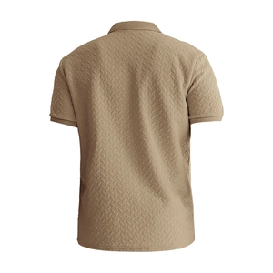 Detailed view of camel textured jacquard knit fabric and ribbed cuffs on men polo shirt